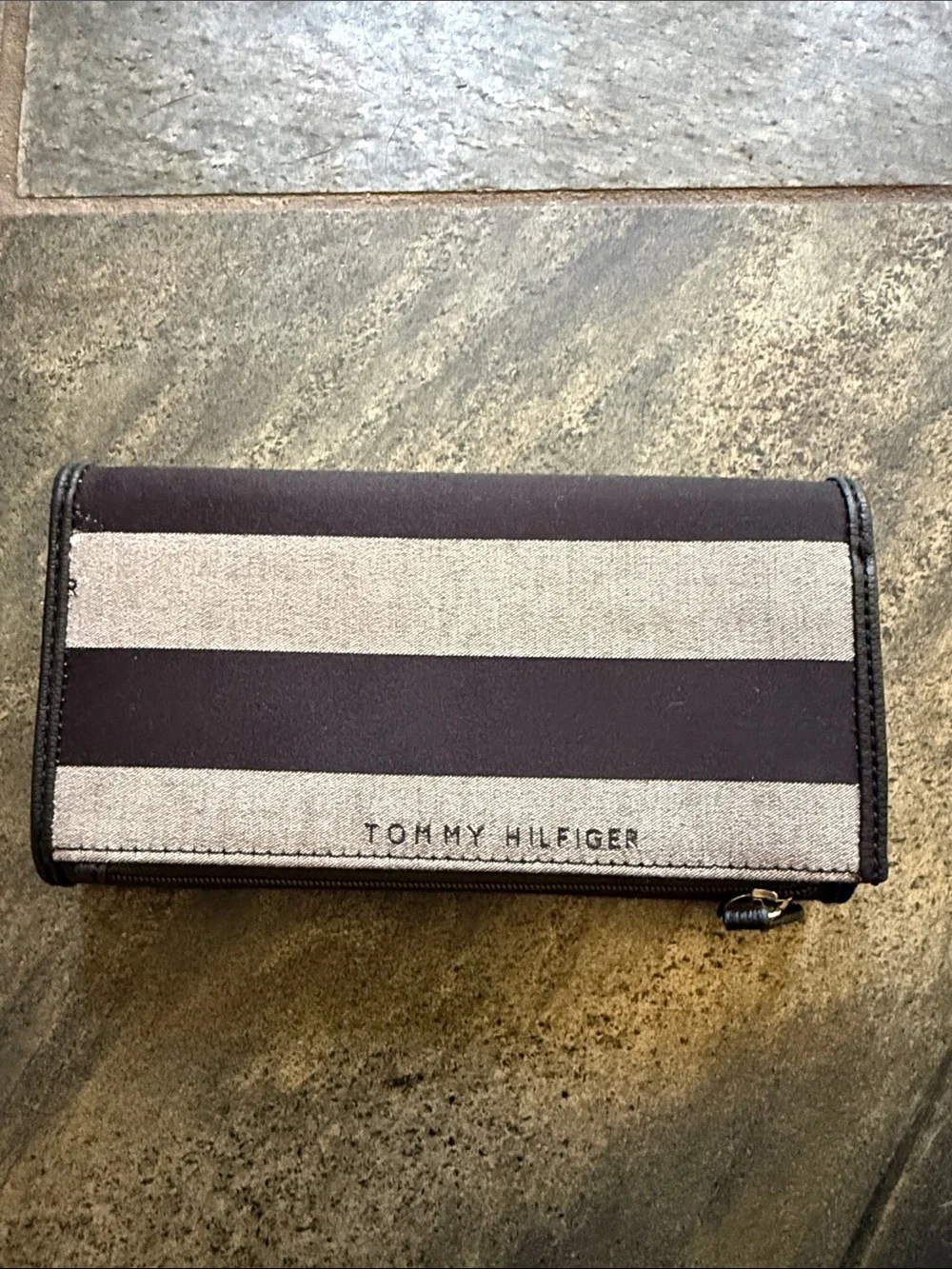 Tommy Hilfiger Beige and Brown Striped Canvas Wallet with Branded Plaque